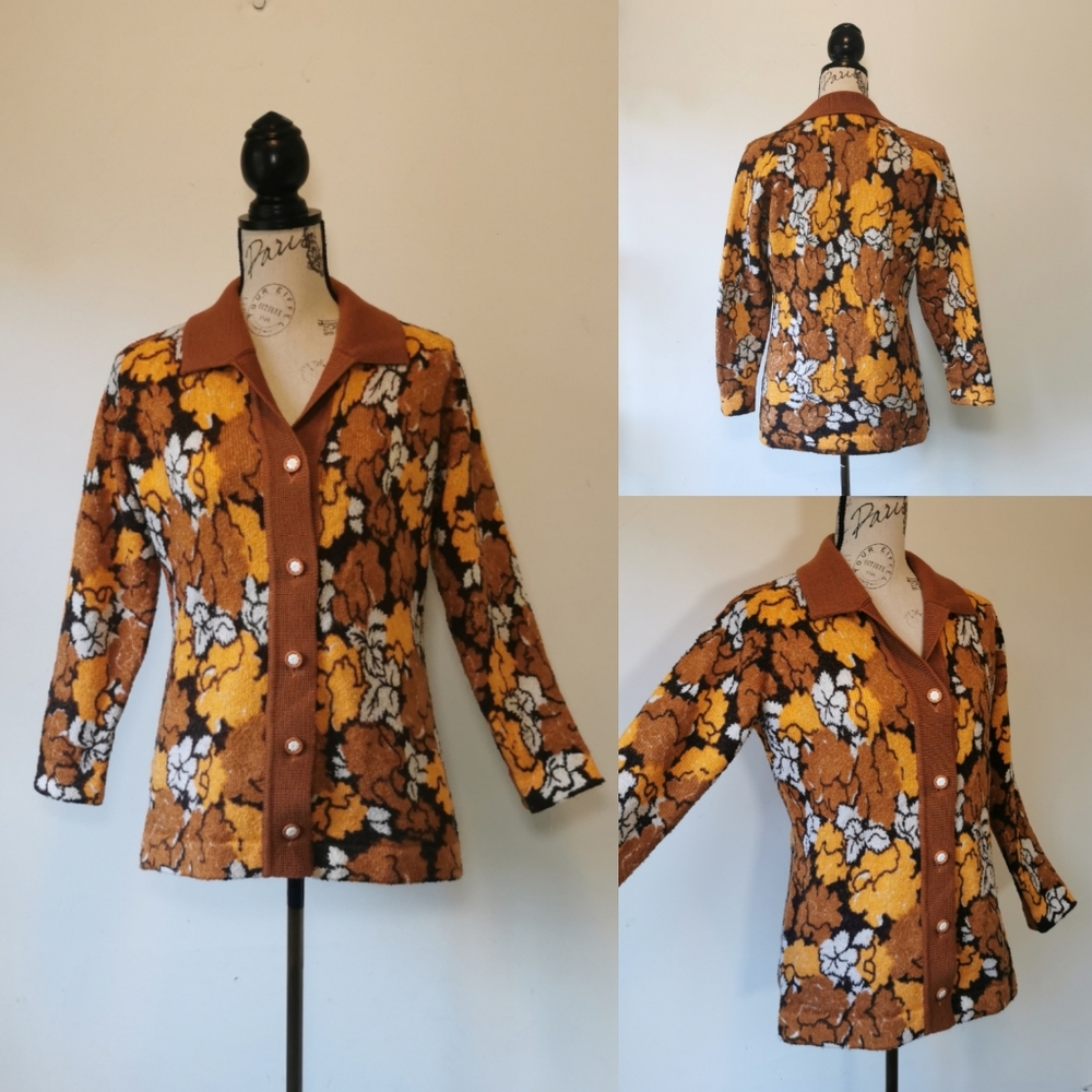 Vintage Floral Knit Cardigan in Brown, Mustard & White